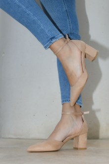 Γόβα suede με χοντρό τετράγωνο τακούνι μυτερή - Μπέζ