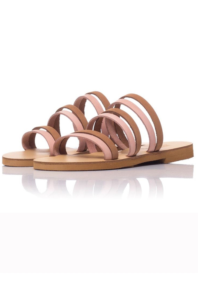 Παντόφλες Leather - HANDMADE IN GREECE - Κάμελ/Ρόζ