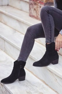 Μποτάκι suede με χοντρό τακούνι και εσωτερικό φερμουάρ - Μαύρο