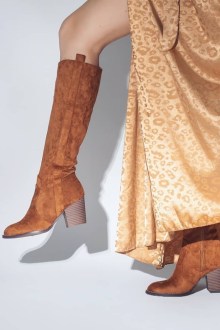 Μπότα suede με εσωτερικό φερμουάρ μέχρι πάνω - Κάμελ