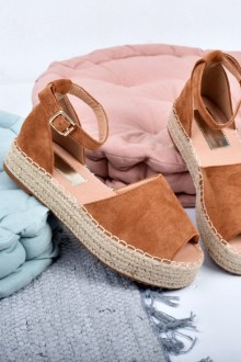 Εσπαντρίγιες suede δίπατη peep toe που δένει στον αστράγαλο - Κάμελ