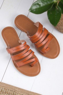 Παντόφλες flat δερματίνη  λουράκια λεπτά - Κάμελ