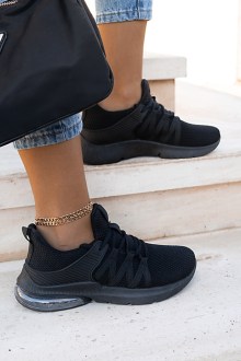Sneakers υφασμάτινα, με κορδόνια, και δερματίνη λεπτομέρειες - Μαύρο
