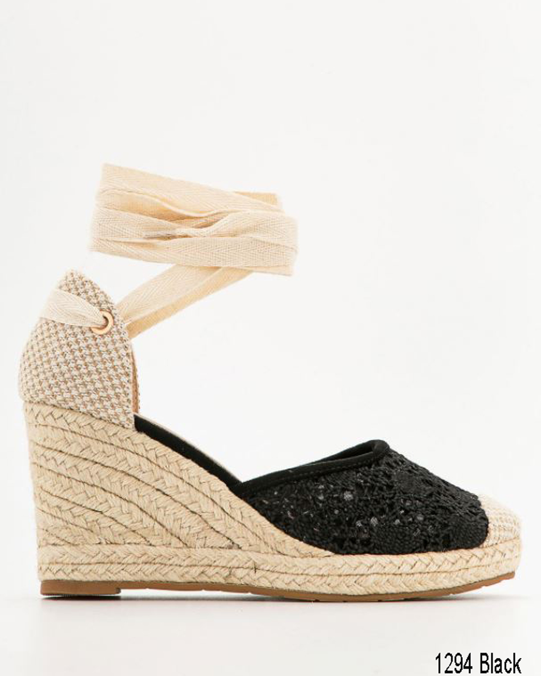 Πλατφόρμα υφασμάτινη με κέντημα που δένει στον αστράγαλο - Μαύρο - Image 2