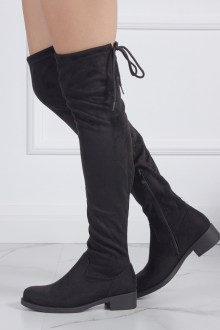 Μπότα suede flat over the knee με κορδόνι στο τελείωμα - Μαύρο