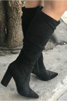 Μπότα Suede μυτερή με φερμουάρ στα πλάγια και σούρα - Μαύρο