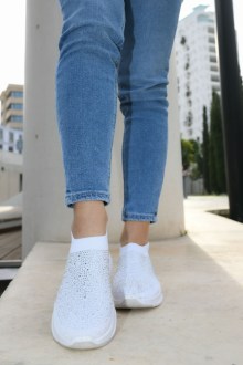 Sneakers Socks Διάτρητο Ύφασμα και στρας - Λευκό