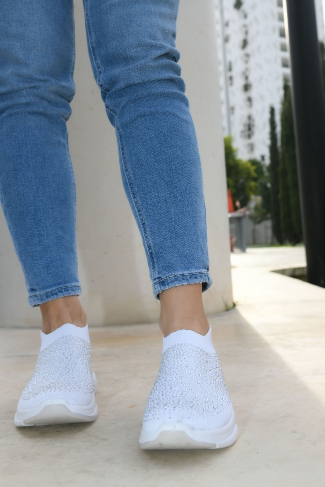 Sneakers Socks Διάτρητο Ύφασμα και στρας - Λευκό - Image 3