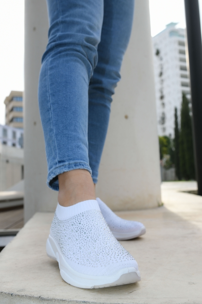Sneakers Socks Διάτρητο Ύφασμα και στρας - Λευκό - Image 2