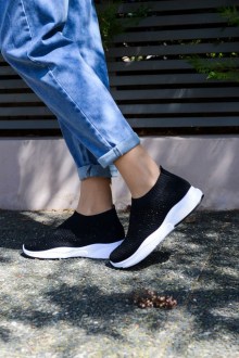 Γυναικείο Sneakers Socks Διάτρητο Ύφασμα και Strass Μαύρο