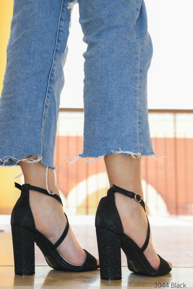 Πέδιλο δερματίνη με χοντρό τακούνι και glitter - Μαύρο - Image 3