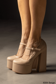 Γόβα δερματίνη με χοντρό τακούνι και φιάπα - Μπέζ