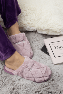 Παντόφλες Γούνινες με Κέντημα - Μώβ