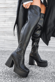 Μπότα με χοντρό τακούνι φιάπα φερμουάρ over the knee - Μαύρο