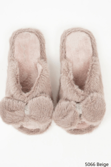 Παντόφλες με φιόγκο και strass - Μπέζ