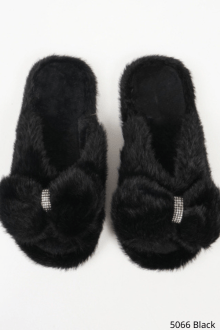 Παντόφλες με φιόγκο και strass - Μαύρο