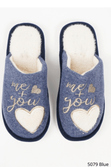 Παντόφλες Γούνινες με Κέντημα - Σκούρο Μπλέ