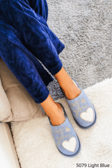 Παντόφλες Γούνινες με Κέντημα - Μπλέ