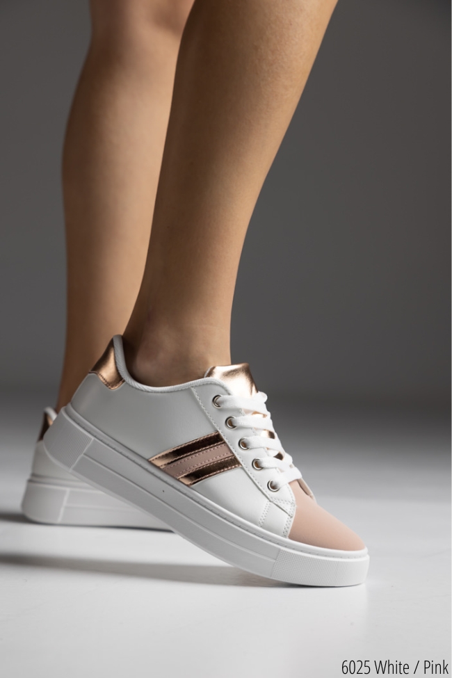 Γυναικεία Sneakers δερματίνη με χρωματιστές λεπτομέρειες Λευκό /Ρόζ - Image 3