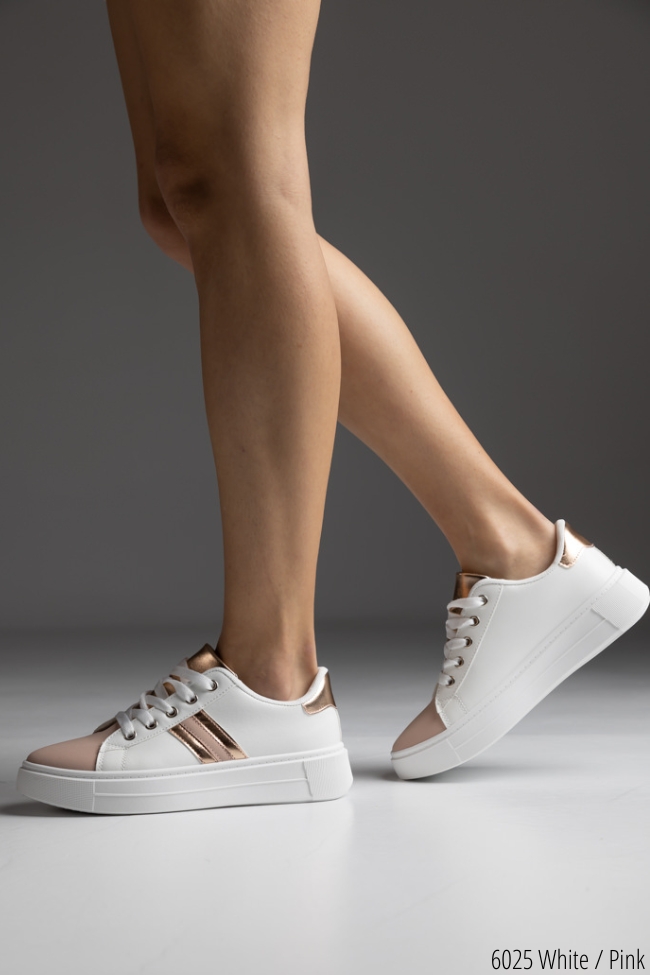 Γυναικεία Sneakers δερματίνη με χρωματιστές λεπτομέρειες Λευκό /Ρόζ - Image 2