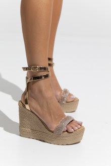 Δερμάτινες (LEATHER) Ελληνικές Πλατφόρμες με χοντρό λουράκι strass στα δάχτυλα - Σαμπανί