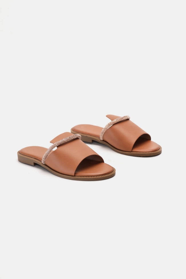 Flat παντόφλες με Strass - Κάμελ - Image 2