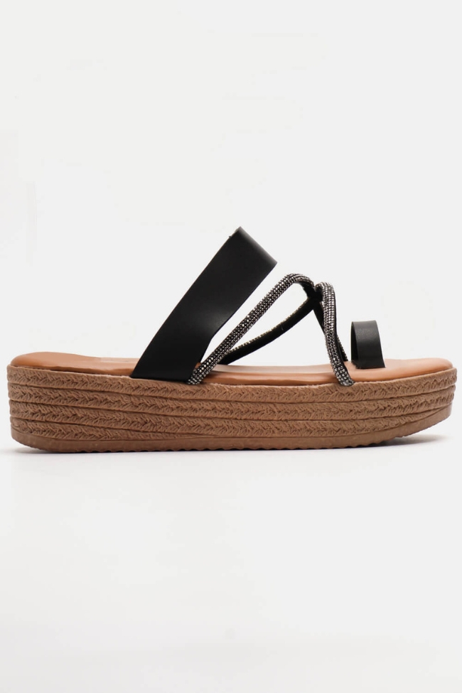 Πλατφόρμες παντόφλες με Χιαστί Λουριά απο Strass - Μαύρο - Image 2