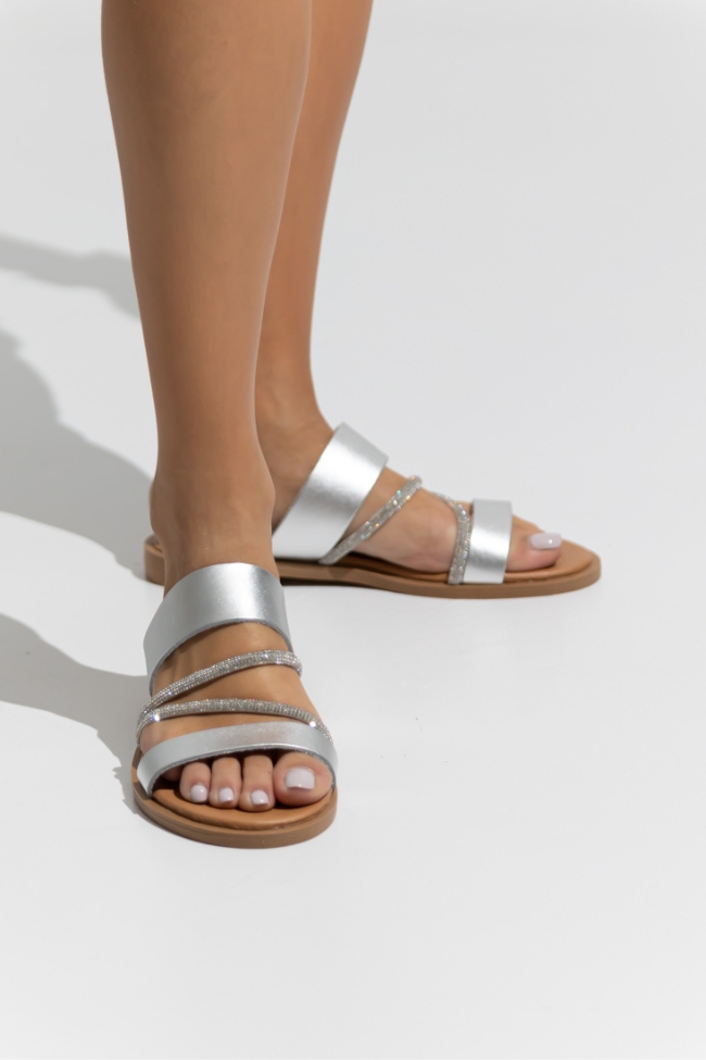 Δερμάτινες (LEATHER) Ελληνικής κατασκευής παντόφλες flat soft πάτος – Ασημί - Image 3