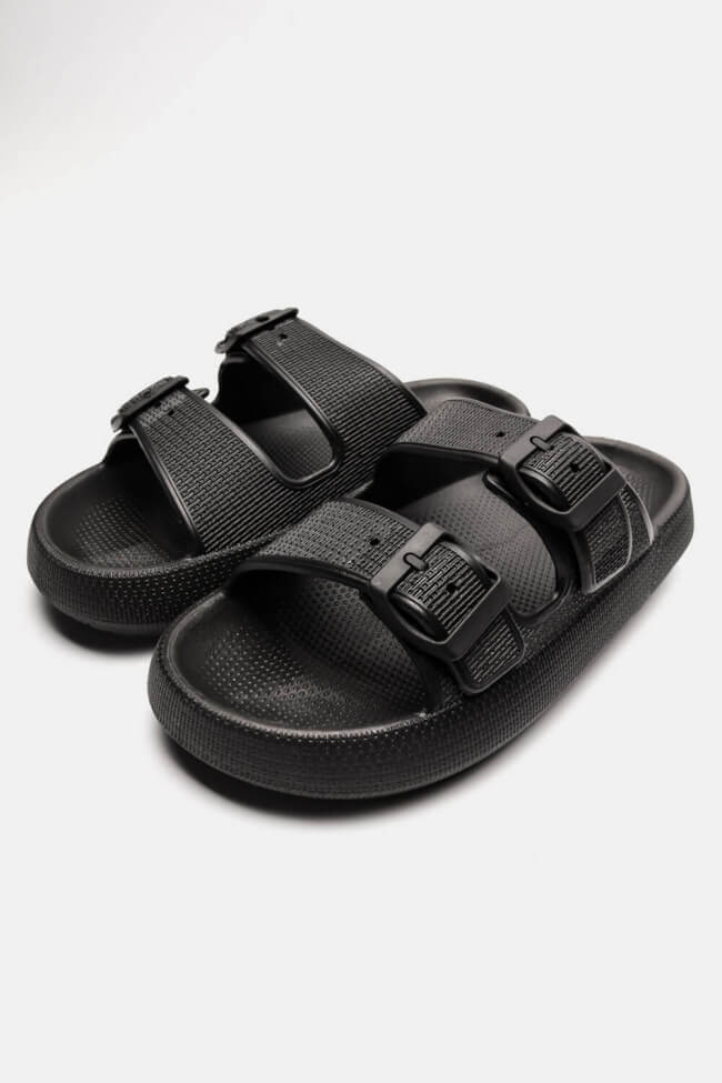 Παντόφλες με Διπλά Λουριά & Ρυθμιζόμενο Κούμπωμα - Μαύρο - Image 4