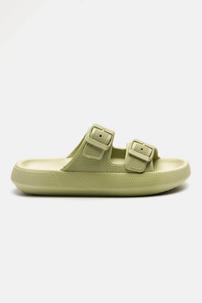 Παντόφλες με Διπλά Λουριά & Ρυθμιζόμενο Κούμπωμα - Λαχανί - Image 4