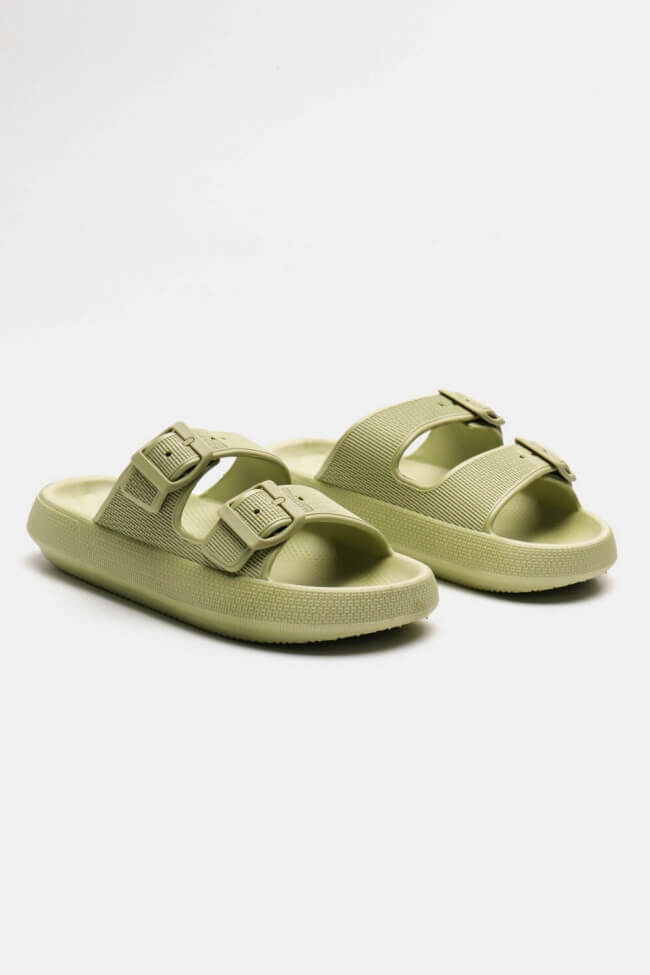 Παντόφλες με Διπλά Λουριά & Ρυθμιζόμενο Κούμπωμα - Λαχανί - Image 3