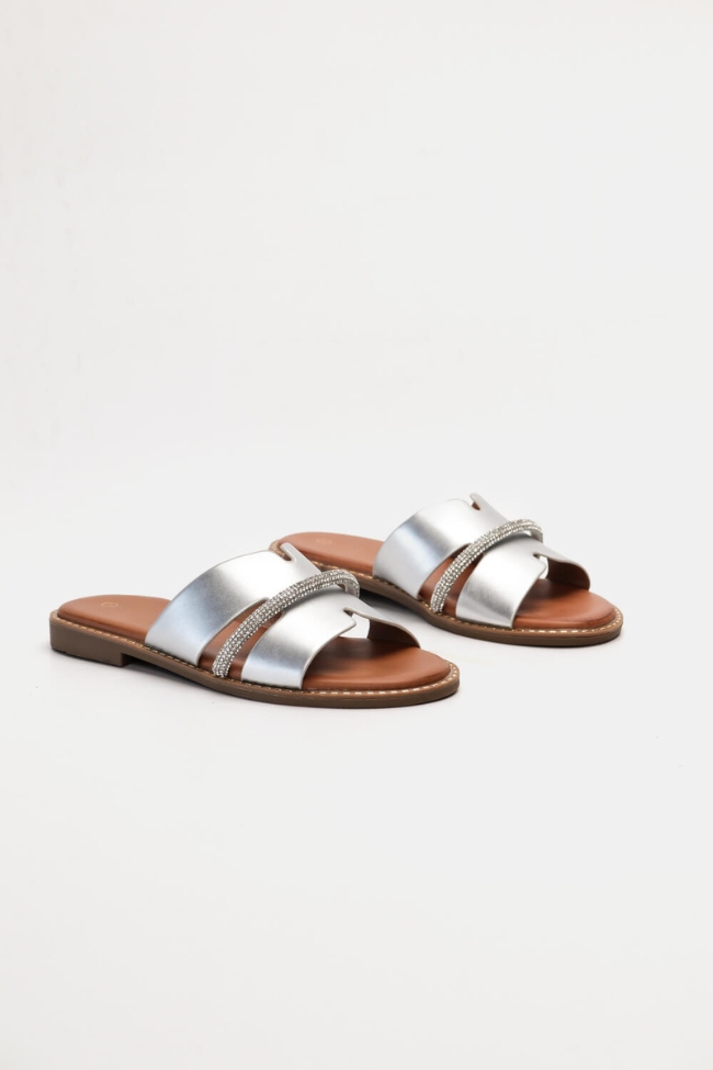 Flat παντόφλες με Ανοίγματα & Strass - Ασημί - Image 2