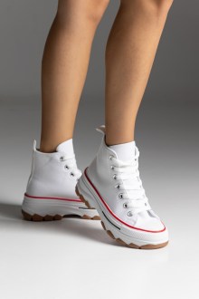 Γυναικεία Sneakers Πάνινα με ψηλό πάτο τύπου all star μποτάκι - Λευκό