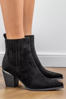 Μποτάκι suede cowboy με χαμηλό τακούνι και μεταλλικό στοιχειο - Μαύρο