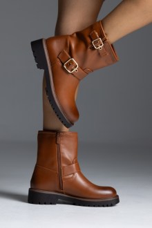 Μποτάκια δερματίνη με αγκράφες - Κάμελ