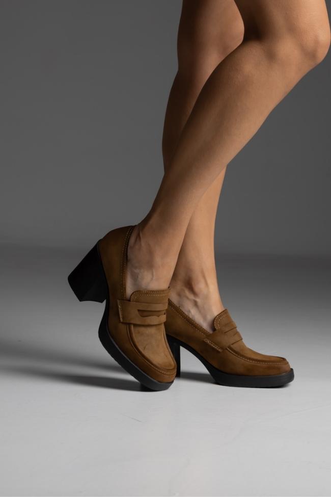 Γόβα suede με χοντρό τακούνι - Κάμελ - Image 2