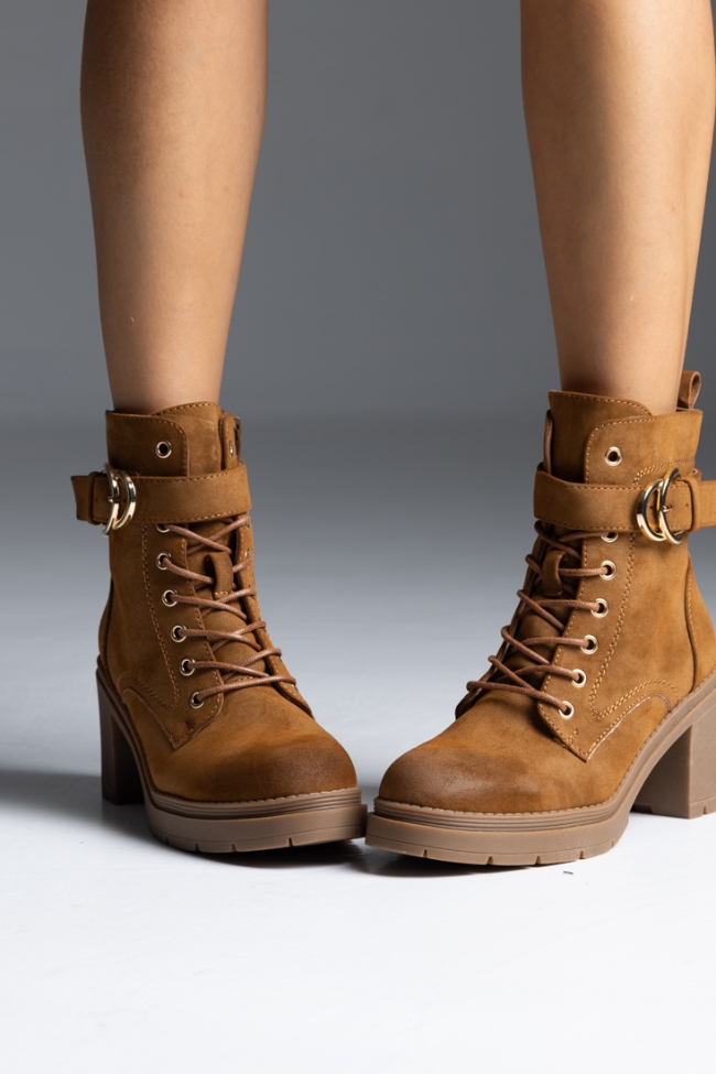 Μποτάκι - αρβυλάκι με χοντρό τακούνι και αγκράφα - Κάμελ - Image 3