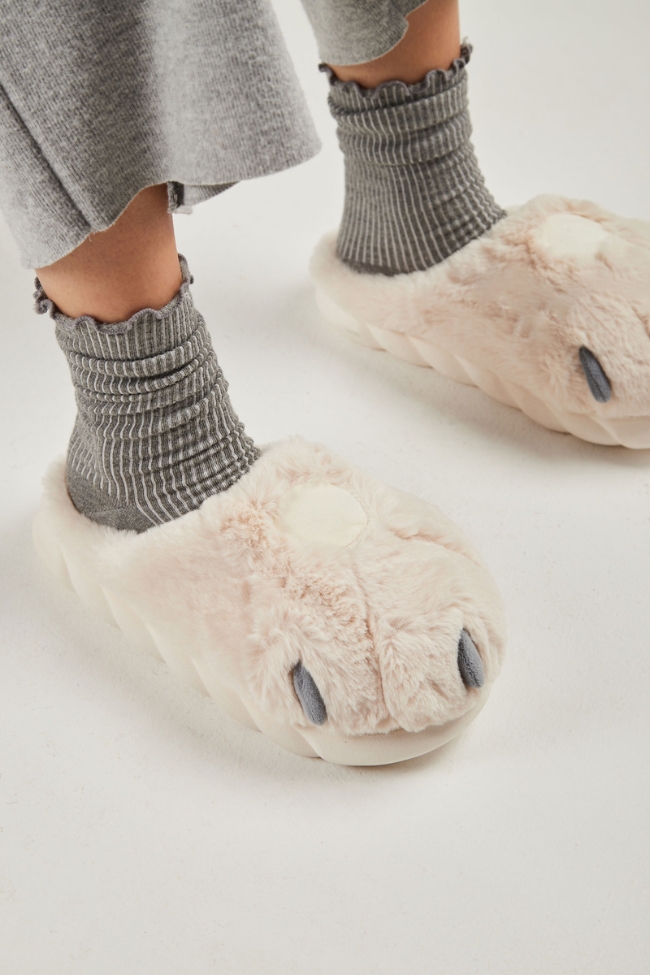 Παντόφλες Γούνινες με Σχέδιο - Μπέζ