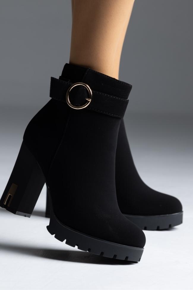 Μποτάκι suede με χοντρό τακούνι και χρυσές λεπτομέρειςες - Μαύρο - Image 3