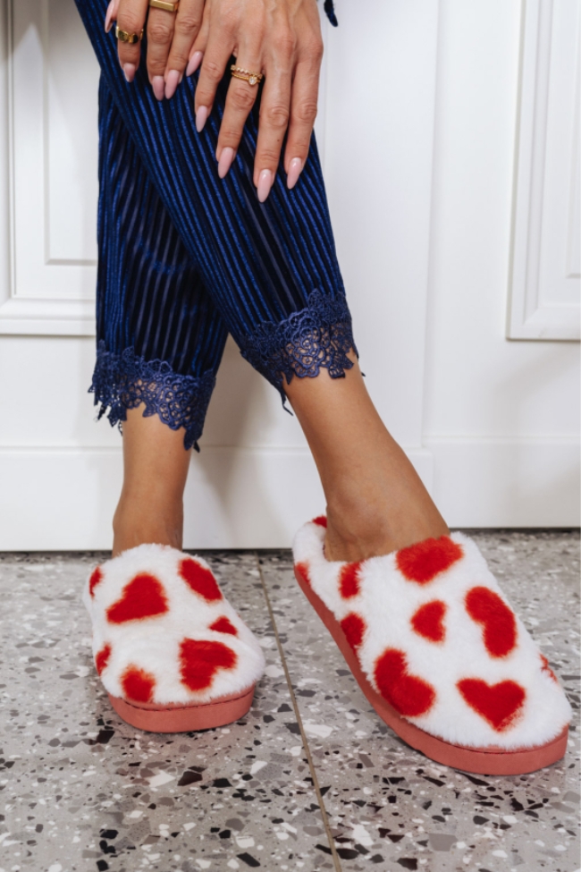 Γούνινες Παντόφλες με Print - Κόκκινο / Λευκό - Image 2