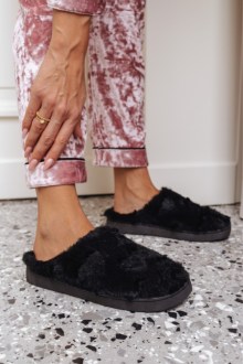 Παντόφλες Γούνινες με Εσωτερική Επένδυση Fleece - Μαύρο