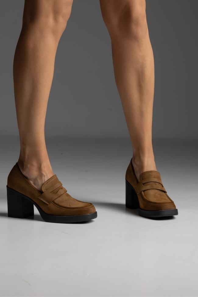Γόβα suede με χοντρό τακούνι - Κάμελ - Image 4