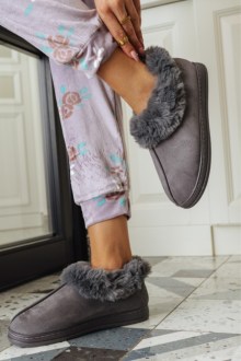 Παντόφλες Suede με Επένδυση Γούνας - Γκρί