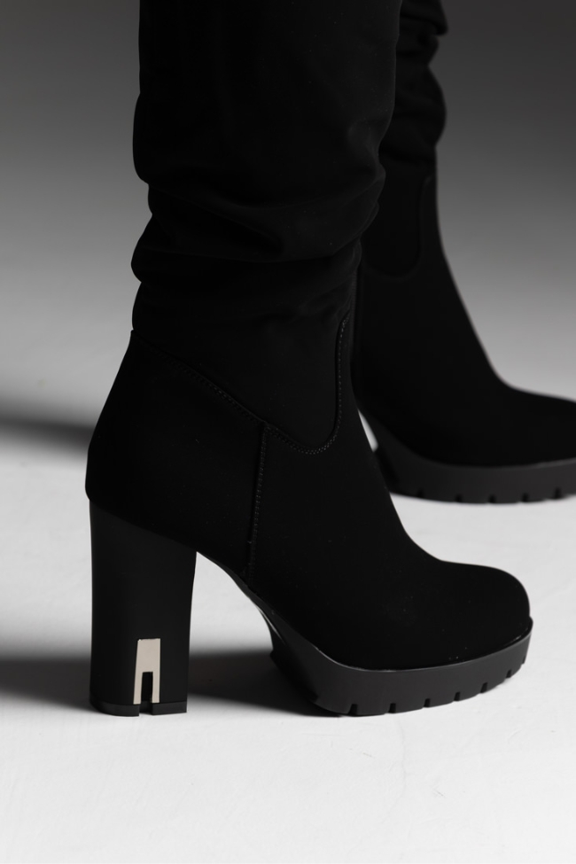 Μπότα ύφασμα suede με χοντρό ψηλό τακούνι και μεταλλικό σχέδιο - Μαύρο - Image 4