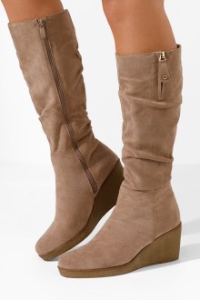 Μπότα suede με πλατφόρμα τακούνι και διακοσμητικό φερμούαρ - Χακί