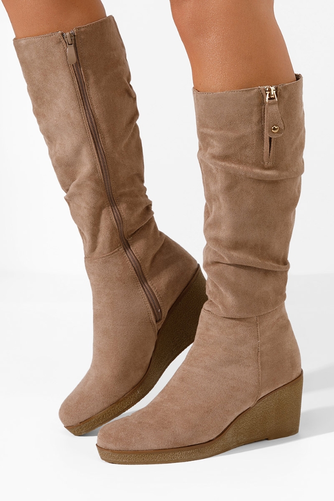 Μπότα suede με πλατφόρμα τακούνι και διακοσμητικό φερμούαρ - Χακί
