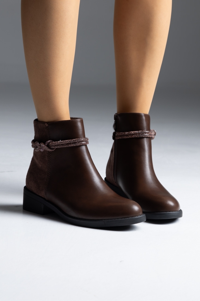 Μποτάκι δερματίνη με λουράκι strass - Καφέ - Image 3