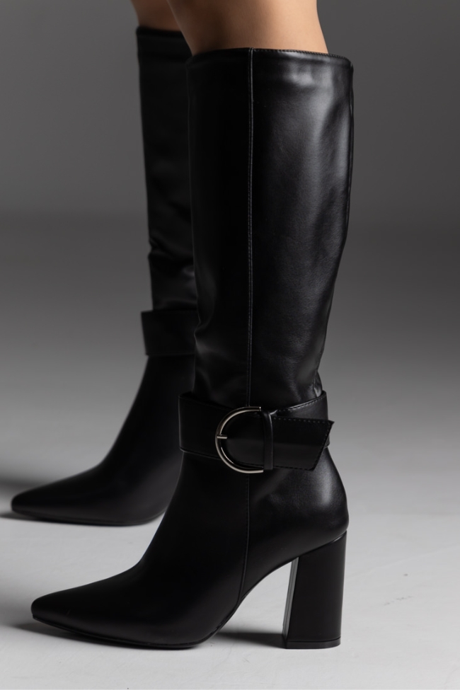 Μπότα δεματίνη με χοντρό τακούνι και αγκράφα - Μαύρο - Image 2