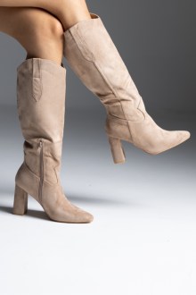 Μπότα suede με χοντρό τακούνι - Μπέζ