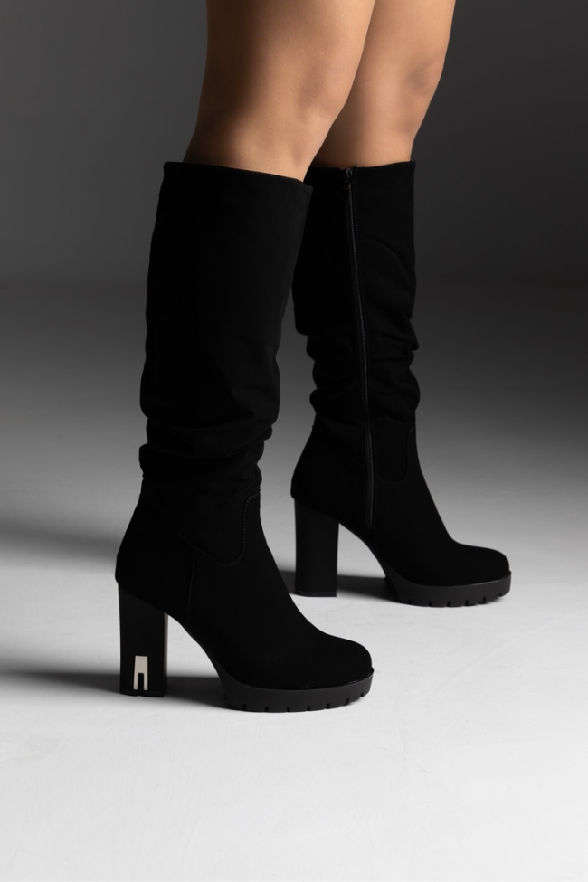 Μπότα ύφασμα suede με χοντρό ψηλό τακούνι και μεταλλικό σχέδιο - Μαύρο